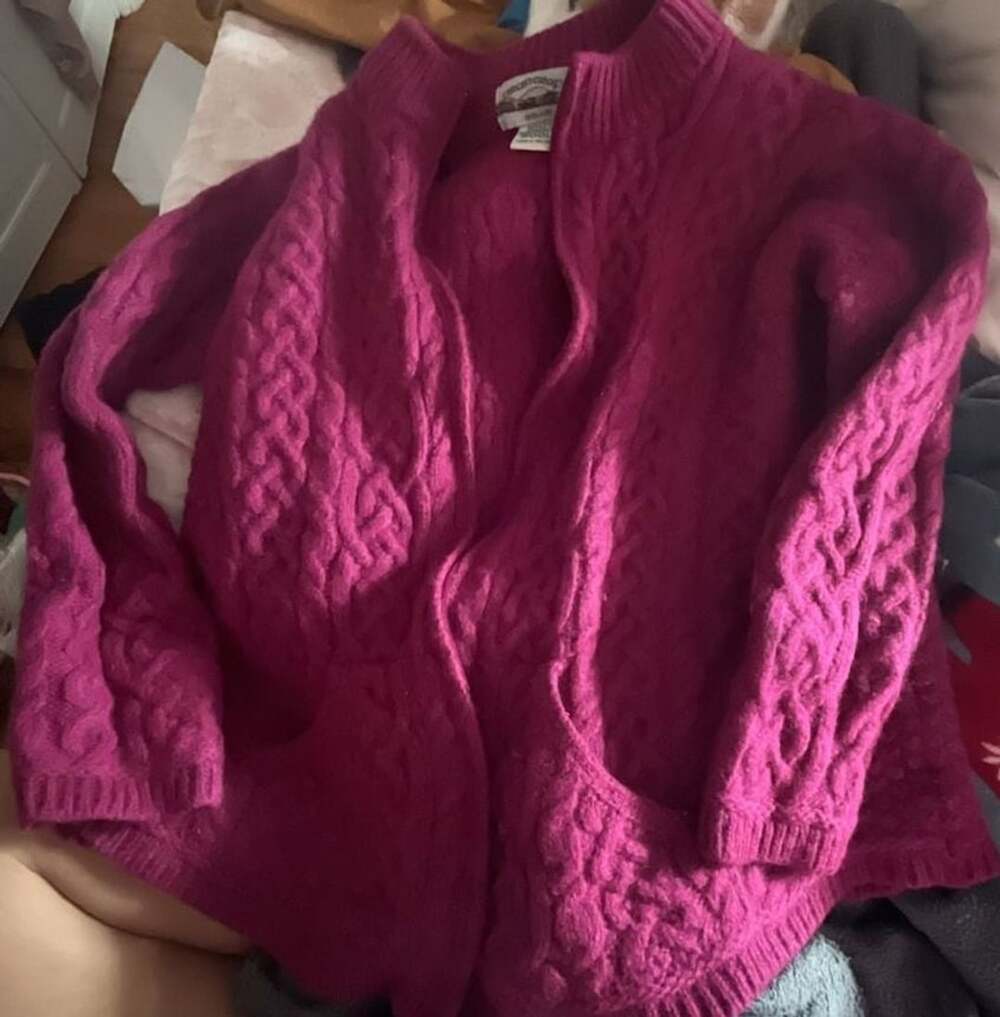 Aran Crafts Cardigan Sweater Size XL Berry Pink Merino Wool Cable Knit